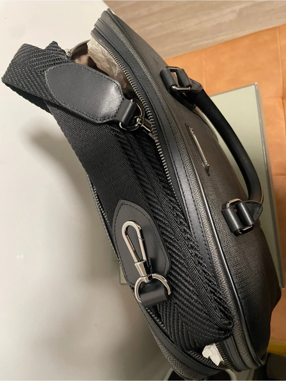 Zegna Black Leather Gradient Laptop Briefcase with strap